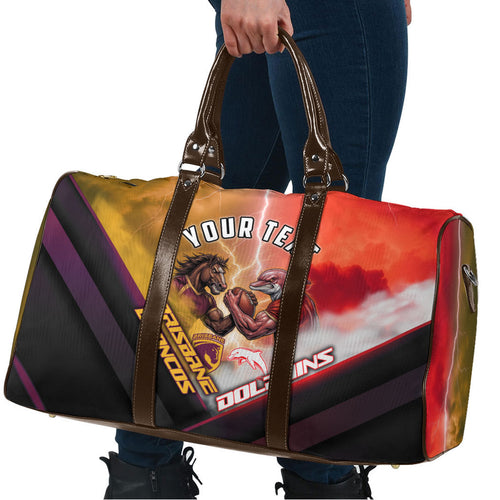 Personalized Brisbane Broncos vs Dolphins Travel Bag Battle Epic Lightning Storm Mascot