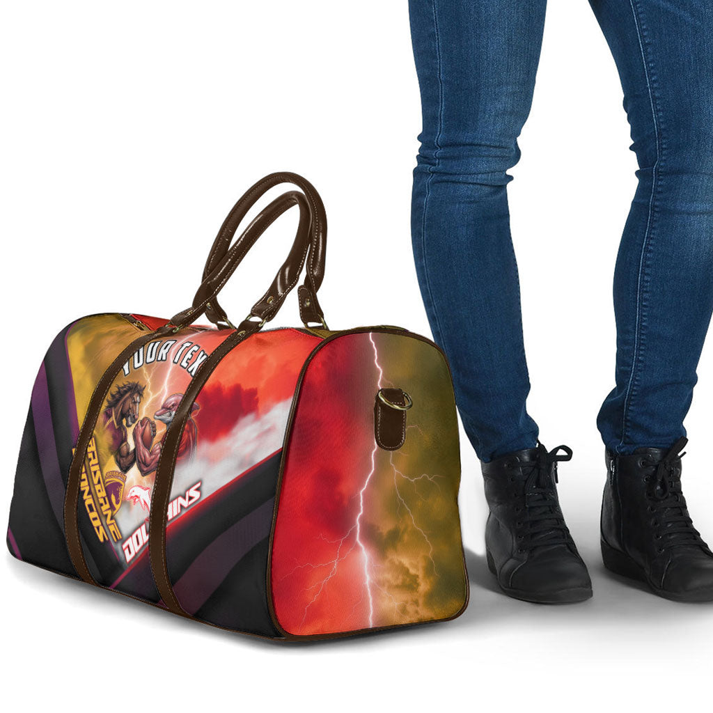 Personalized Brisbane Broncos vs Dolphins Travel Bag Battle Epic Lightning Storm Mascot