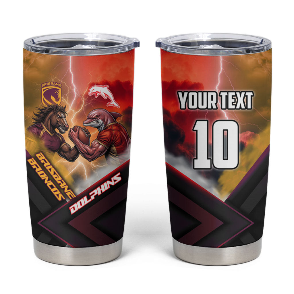Personalized Brisbane Broncos vs Dolphins Tumbler Cup Battle Epic Lightning Storm Mascot