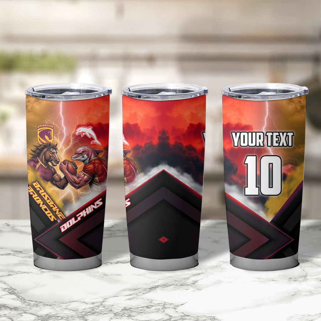 Personalized Brisbane Broncos vs Dolphins Tumbler Cup Battle Epic Lightning Storm Mascot