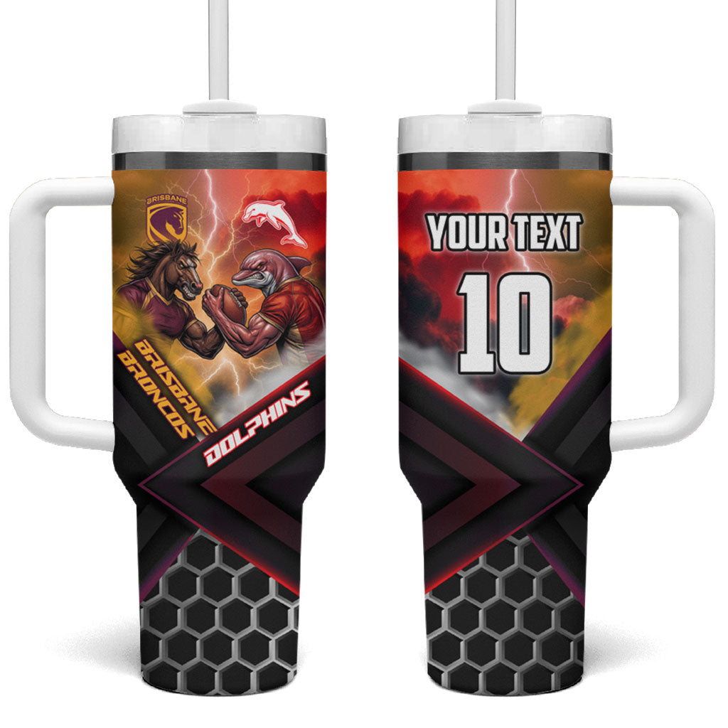 Personalized Brisbane Broncos vs Dolphins Tumbler With Handle Battle Epic Lightning Storm Mascot