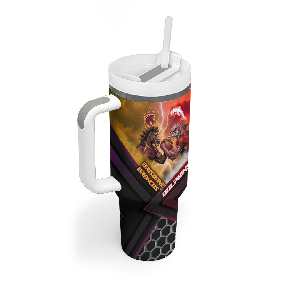 Personalized Brisbane Broncos vs Dolphins Tumbler With Handle Battle Epic Lightning Storm Mascot