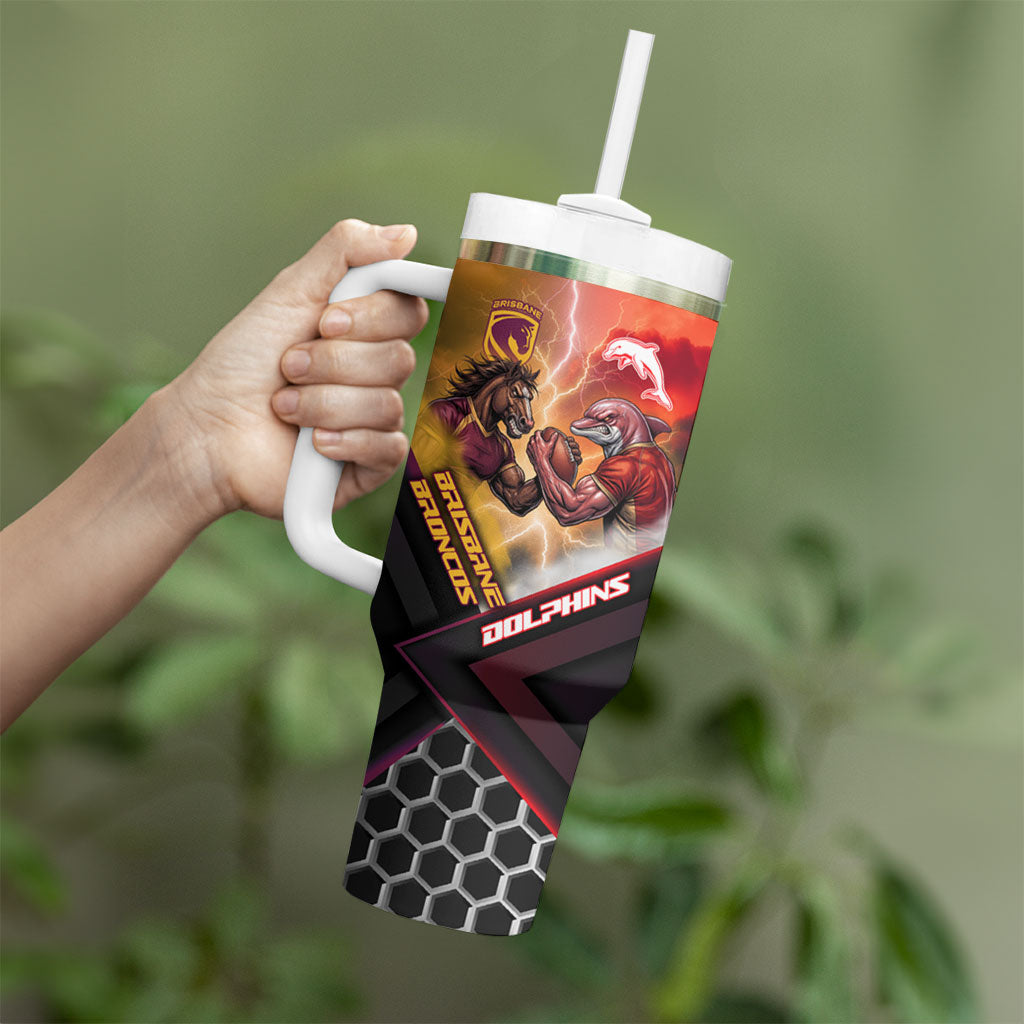 Personalized Brisbane Broncos vs Dolphins Tumbler With Handle Battle Epic Lightning Storm Mascot