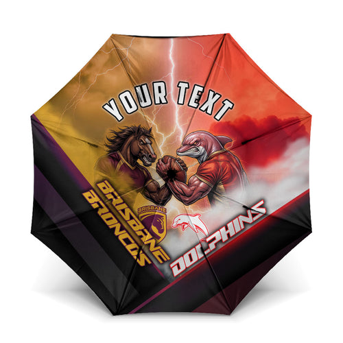 Personalized Brisbane Broncos vs Dolphins Umbrella Battle Epic Lightning Storm Mascot