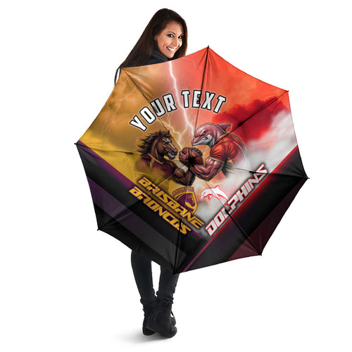 Personalized Brisbane Broncos vs Dolphins Umbrella Battle Epic Lightning Storm Mascot