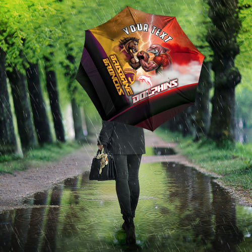 Personalized Brisbane Broncos vs Dolphins Umbrella Battle Epic Lightning Storm Mascot