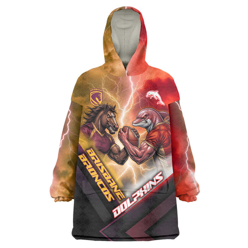 Personalized Brisbane Broncos vs Dolphins Wearable Blanket Hoodie Battle Epic Lightning Storm Mascot