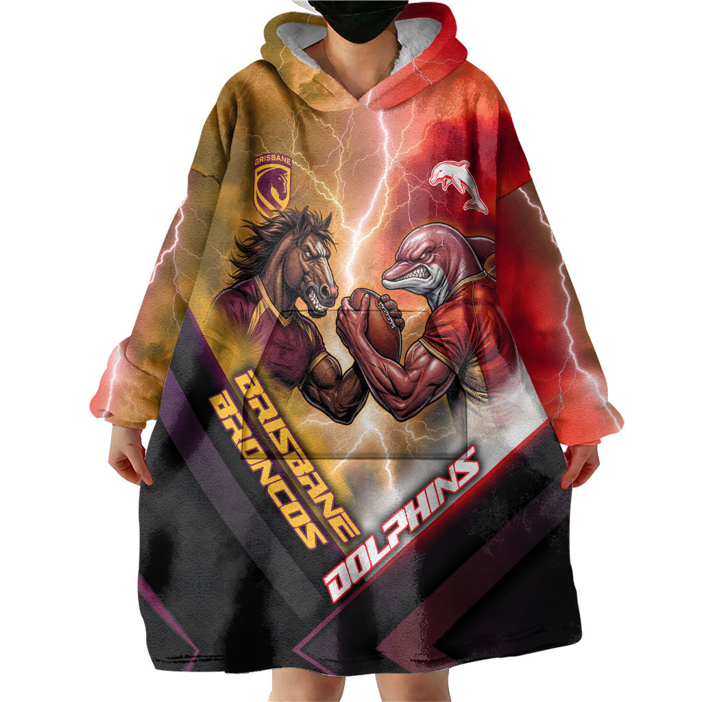 Personalized Brisbane Broncos vs Dolphins Wearable Blanket Hoodie Battle Epic Lightning Storm Mascot