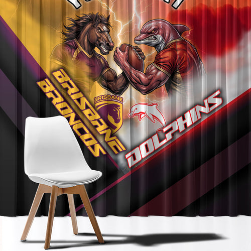 Personalized Brisbane Broncos vs Dolphins Window Curtain Battle Epic Lightning Storm Mascot