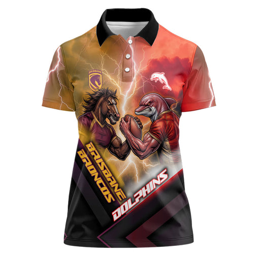 Personalized Brisbane Broncos vs Dolphins Women Polo Shirt Battle Epic Lightning Storm Mascot