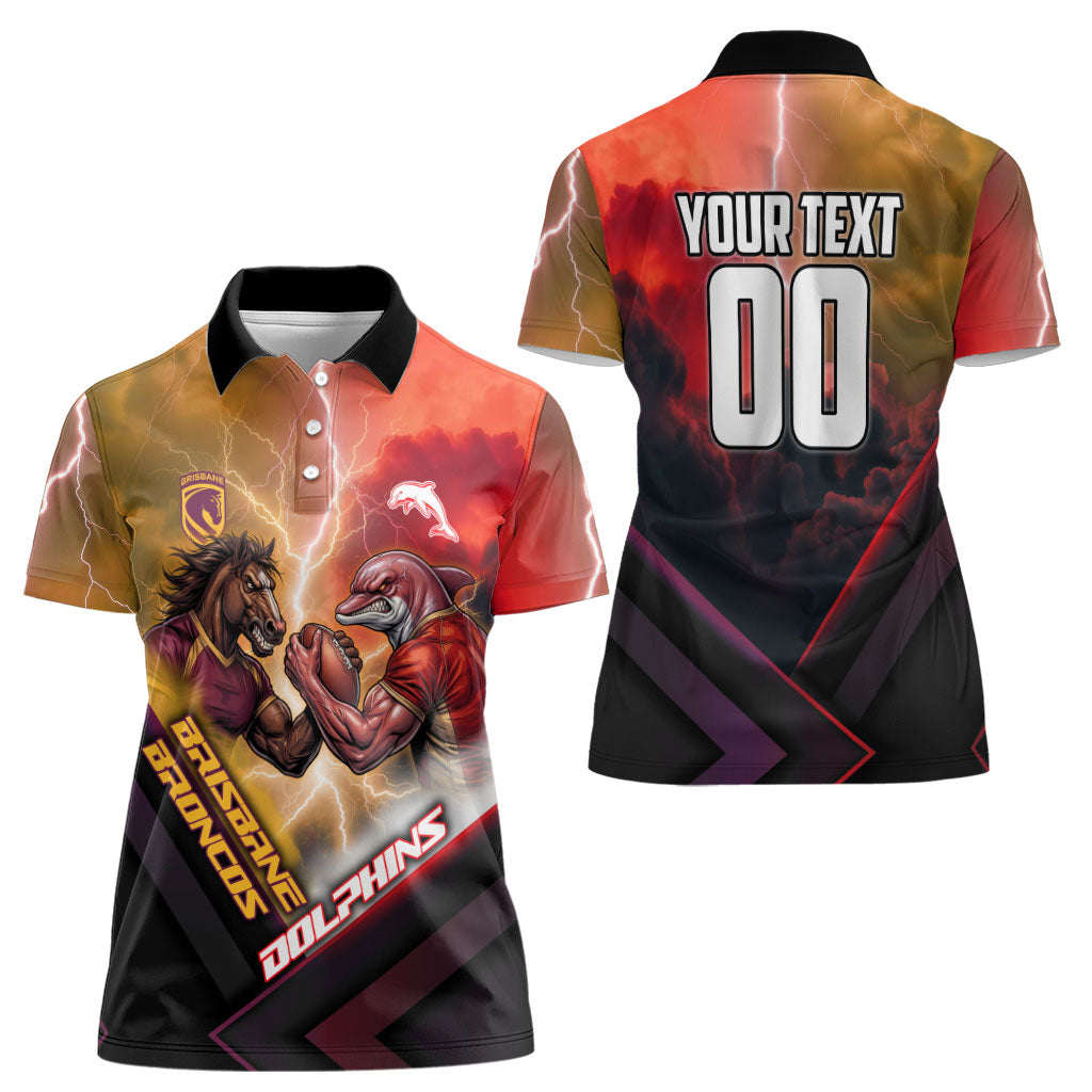 Personalized Brisbane Broncos vs Dolphins Women Polo Shirt Battle Epic Lightning Storm Mascot