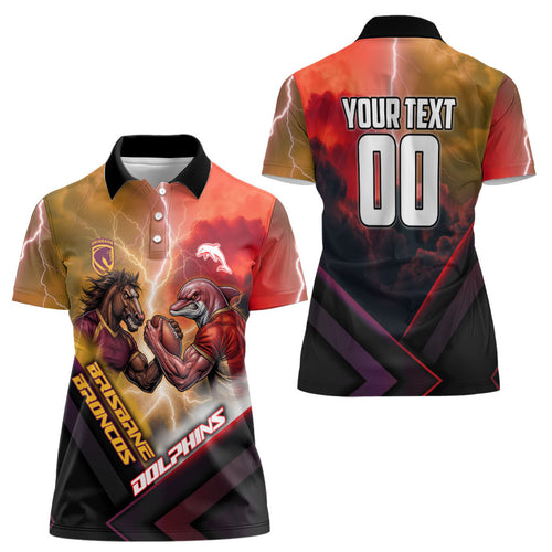 Personalized Brisbane Broncos vs Dolphins Women Polo Shirt Battle Epic Lightning Storm Mascot