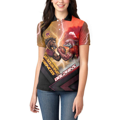 Personalized Brisbane Broncos vs Dolphins Women Polo Shirt Battle Epic Lightning Storm Mascot