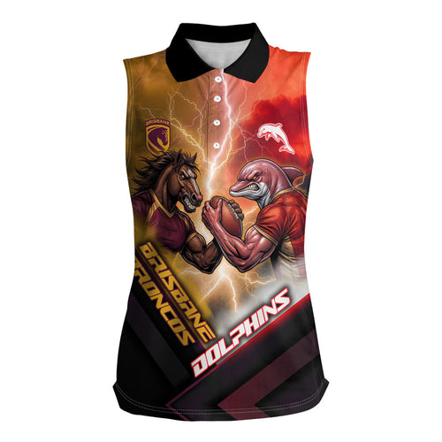 Personalized Brisbane Broncos vs Dolphins Women Sleeveless Polo Shirt Battle Epic Lightning Storm Mascot