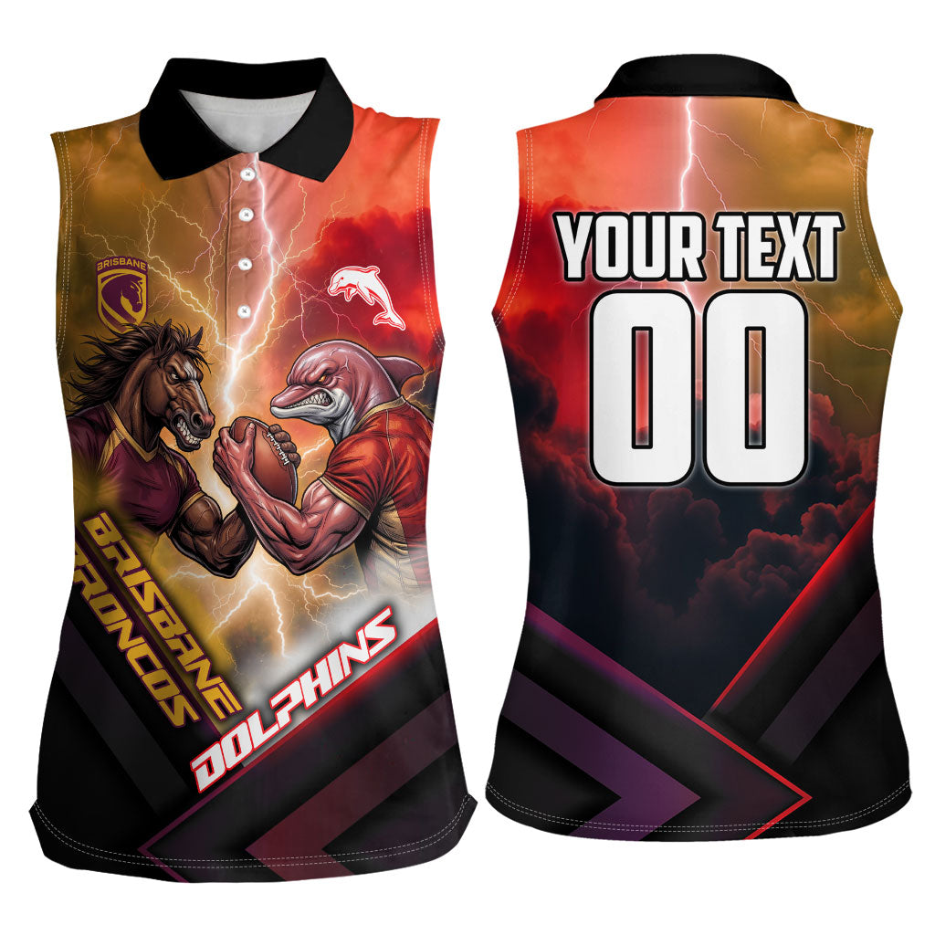 Personalized Brisbane Broncos vs Dolphins Women Sleeveless Polo Shirt Battle Epic Lightning Storm Mascot