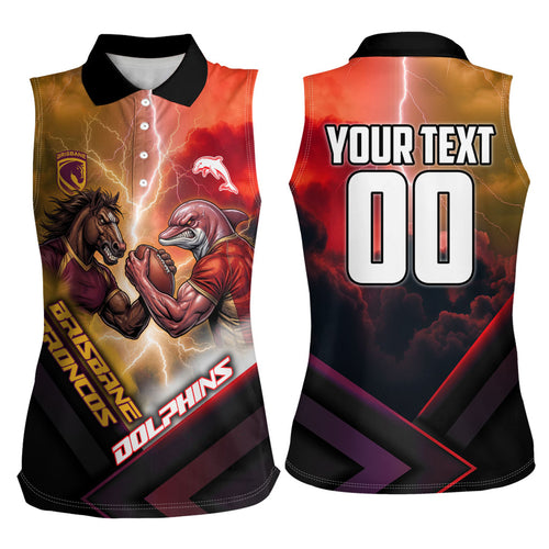 Personalized Brisbane Broncos vs Dolphins Women Sleeveless Polo Shirt Battle Epic Lightning Storm Mascot