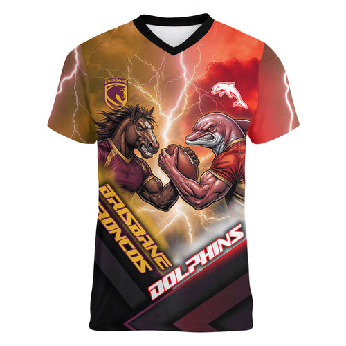 Personalized Brisbane Broncos vs Dolphins Women V-Neck T-Shirt Battle Epic Lightning Storm Mascot
