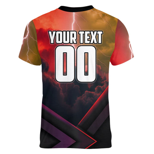 Personalized Brisbane Broncos vs Dolphins Women V-Neck T-Shirt Battle Epic Lightning Storm Mascot