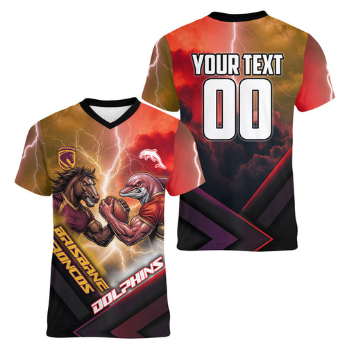 Personalized Brisbane Broncos vs Dolphins Women V-Neck T-Shirt Battle Epic Lightning Storm Mascot