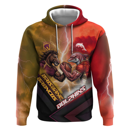 Personalized Brisbane Broncos vs Dolphins Zip Hoodie Battle Epic Lightning Storm Mascot