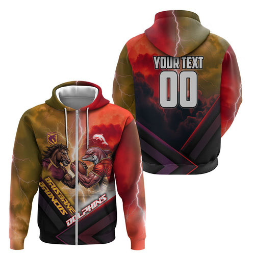 Personalized Brisbane Broncos vs Dolphins Zip Hoodie Battle Epic Lightning Storm Mascot