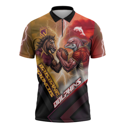 Personalized Brisbane Broncos vs Dolphins Zipper Polo Shirt Battle Epic Lightning Storm Mascot