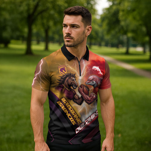 Personalized Brisbane Broncos vs Dolphins Zipper Polo Shirt Battle Epic Lightning Storm Mascot