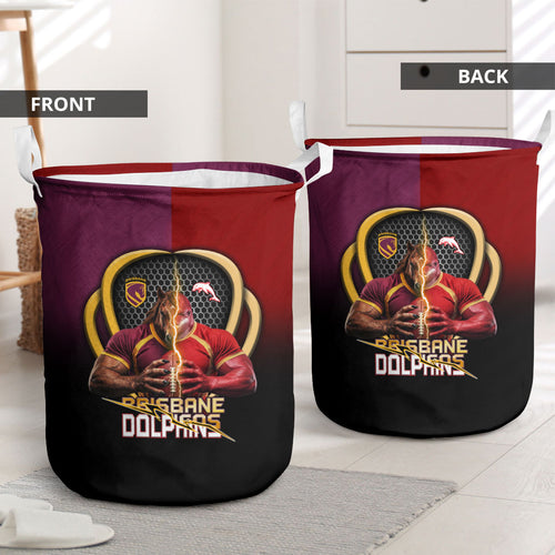 Brisbane Broncos vs Dolphins Fusion Laundry Basket Hybrid Mascot Lightning Graphic With Hexagon Honeycomb