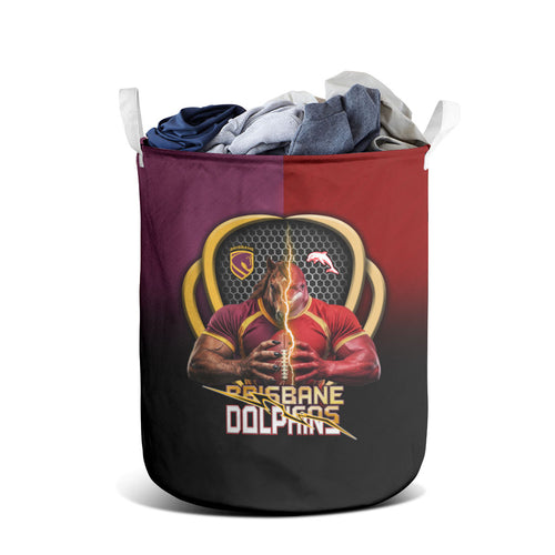 Brisbane Broncos vs Dolphins Fusion Laundry Basket Hybrid Mascot Lightning Graphic With Hexagon Honeycomb