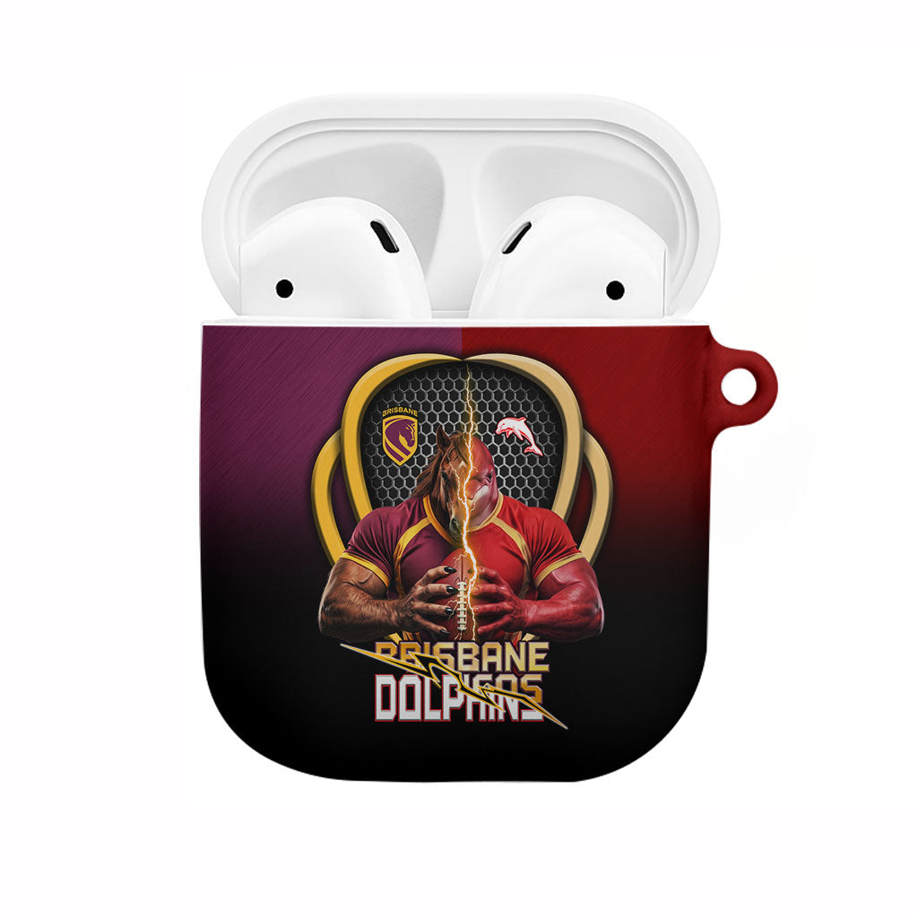 Brisbane Broncos vs Dolphins Fusion AirPods Case Hybrid Mascot Lightning Graphic With Hexagon Honeycomb