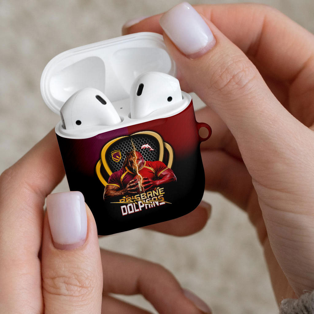 Brisbane Broncos vs Dolphins Fusion AirPods Case Hybrid Mascot Lightning Graphic With Hexagon Honeycomb