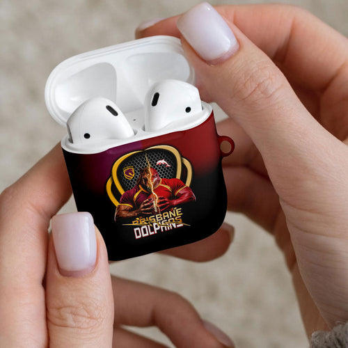 Brisbane Broncos vs Dolphins Fusion AirPods Case Hybrid Mascot Lightning Graphic With Hexagon Honeycomb