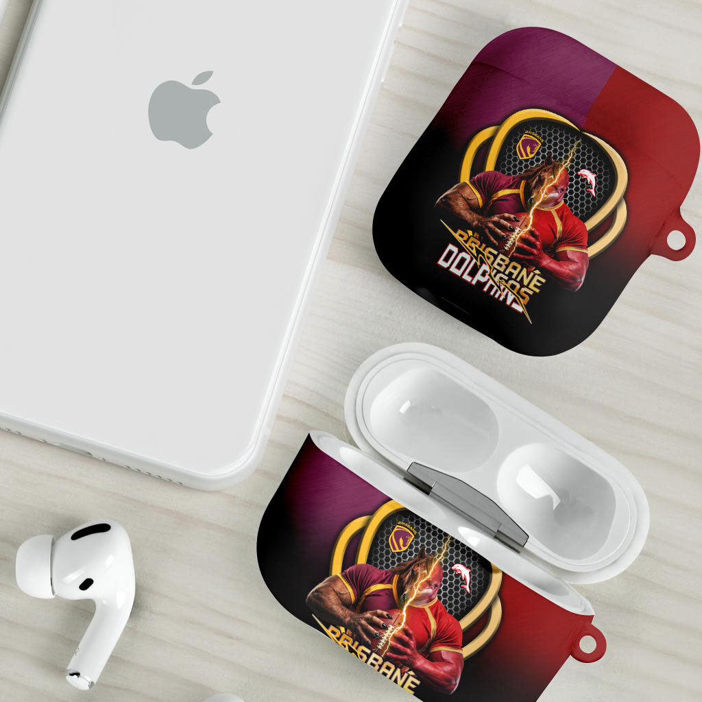 Brisbane Broncos vs Dolphins Fusion AirPods Case Hybrid Mascot Lightning Graphic With Hexagon Honeycomb