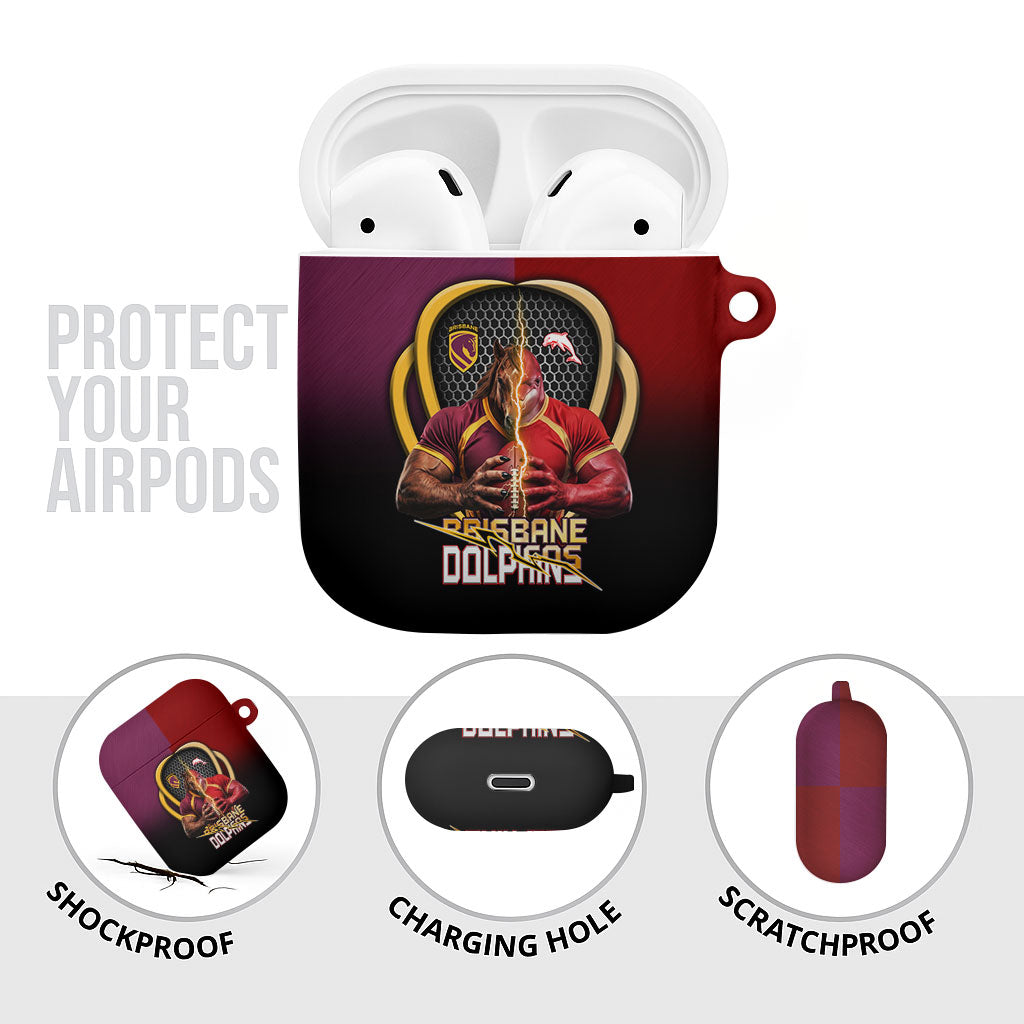Brisbane Broncos vs Dolphins Fusion AirPods Case Hybrid Mascot Lightning Graphic With Hexagon Honeycomb