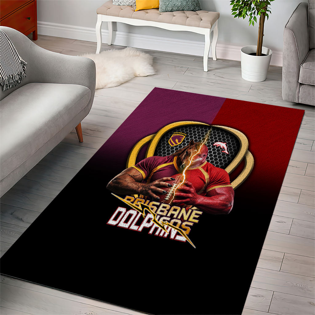 Brisbane Broncos vs Dolphins Fusion Area Rug Hybrid Mascot Lightning Graphic With Hexagon Honeycomb