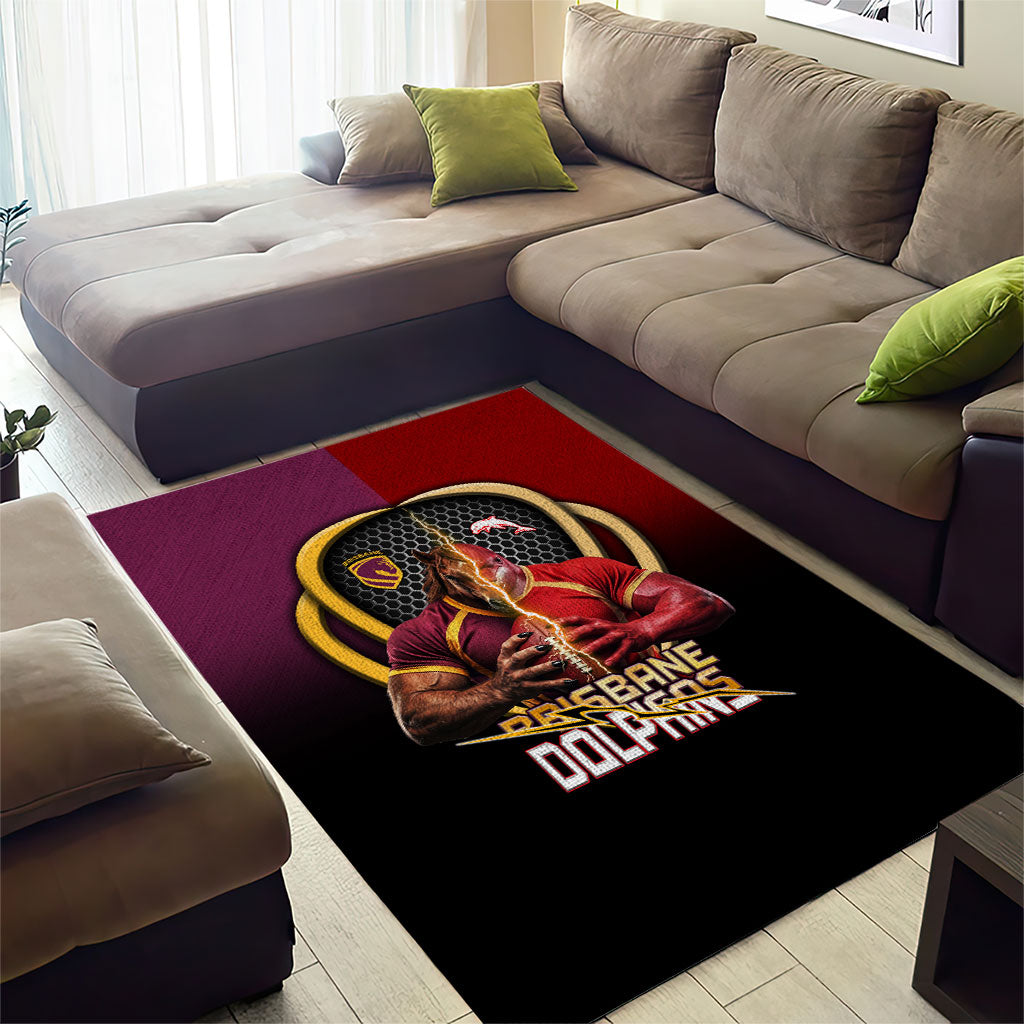 Brisbane Broncos vs Dolphins Fusion Area Rug Hybrid Mascot Lightning Graphic With Hexagon Honeycomb