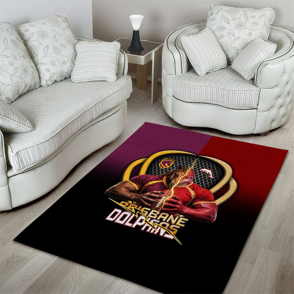 Brisbane Broncos vs Dolphins Fusion Area Rug Hybrid Mascot Lightning Graphic With Hexagon Honeycomb