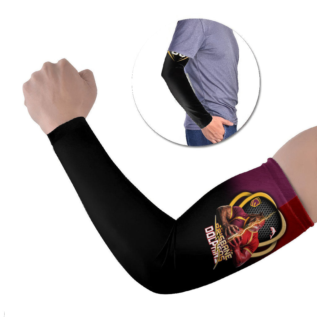 Personalized Brisbane Broncos vs Dolphins Fusion Arm Sleeves Hybrid Mascot Lightning Graphic With Hexagon Honeycomb