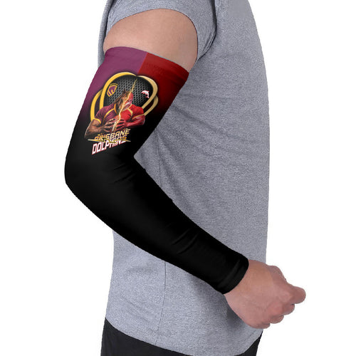 Personalized Brisbane Broncos vs Dolphins Fusion Arm Sleeves Hybrid Mascot Lightning Graphic With Hexagon Honeycomb
