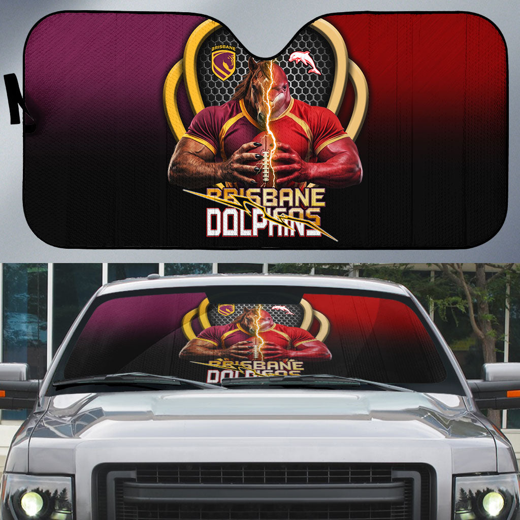 Brisbane Broncos vs Dolphins Fusion Auto Sun Shade Hybrid Mascot Lightning Graphic With Hexagon Honeycomb