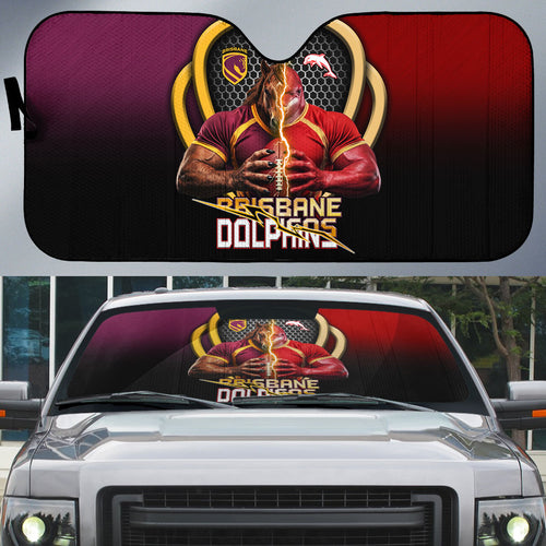 Brisbane Broncos vs Dolphins Fusion Auto Sun Shade Hybrid Mascot Lightning Graphic With Hexagon Honeycomb
