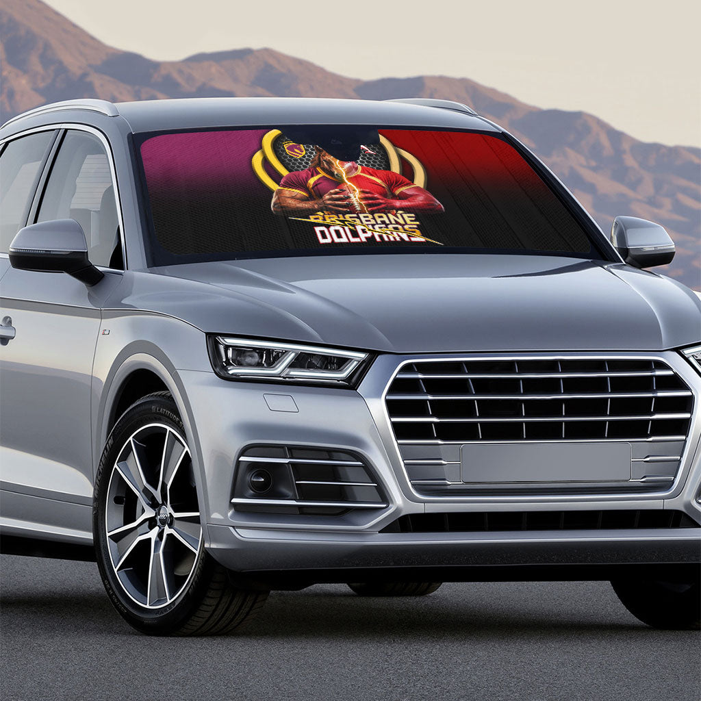 Brisbane Broncos vs Dolphins Fusion Auto Sun Shade Hybrid Mascot Lightning Graphic With Hexagon Honeycomb