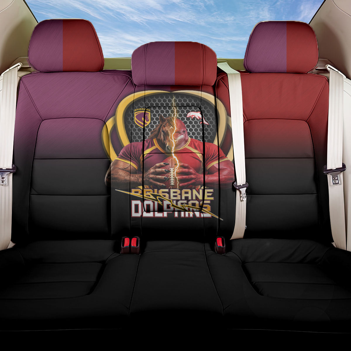 Brisbane Broncos vs Dolphins Fusion Back Car Seat Cover Hybrid Mascot Lightning Graphic With Hexagon Honeycomb