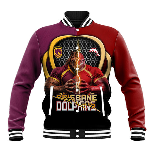 Personalized Brisbane Broncos vs Dolphins Fusion Baseball Jacket Hybrid Mascot Lightning Graphic With Hexagon Honeycomb