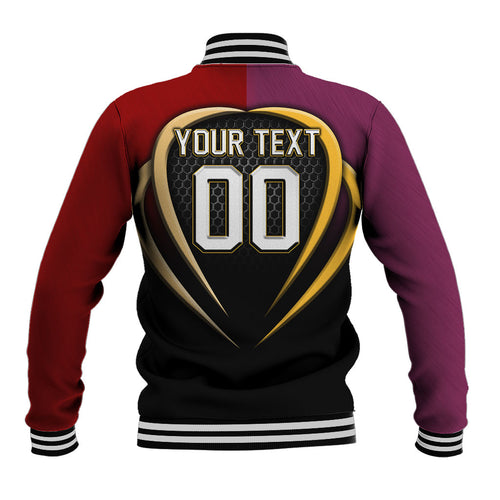 Personalized Brisbane Broncos vs Dolphins Fusion Baseball Jacket Hybrid Mascot Lightning Graphic With Hexagon Honeycomb