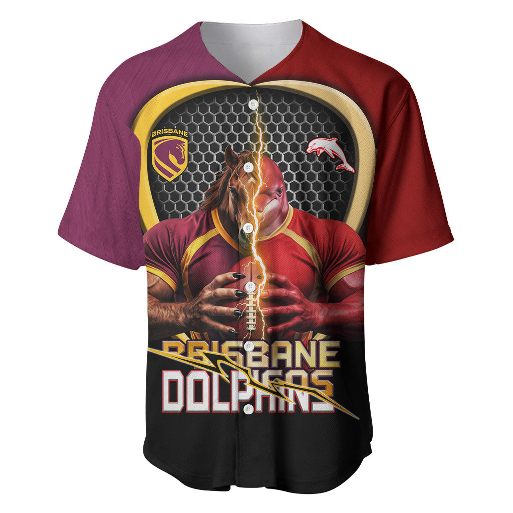 Personalized Brisbane Broncos vs Dolphins Fusion Baseball Jersey Hybrid Mascot Lightning Graphic With Hexagon Honeycomb