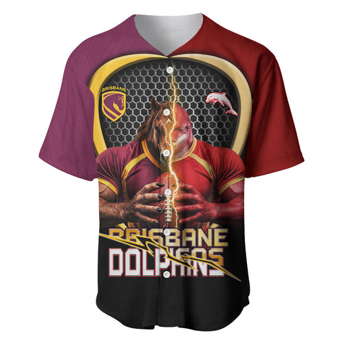 Personalized Brisbane Broncos vs Dolphins Fusion Baseball Jersey Hybrid Mascot Lightning Graphic With Hexagon Honeycomb