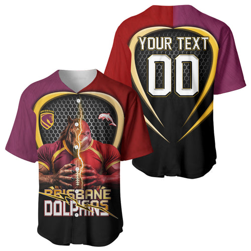 Personalized Brisbane Broncos vs Dolphins Fusion Baseball Jersey Hybrid Mascot Lightning Graphic With Hexagon Honeycomb