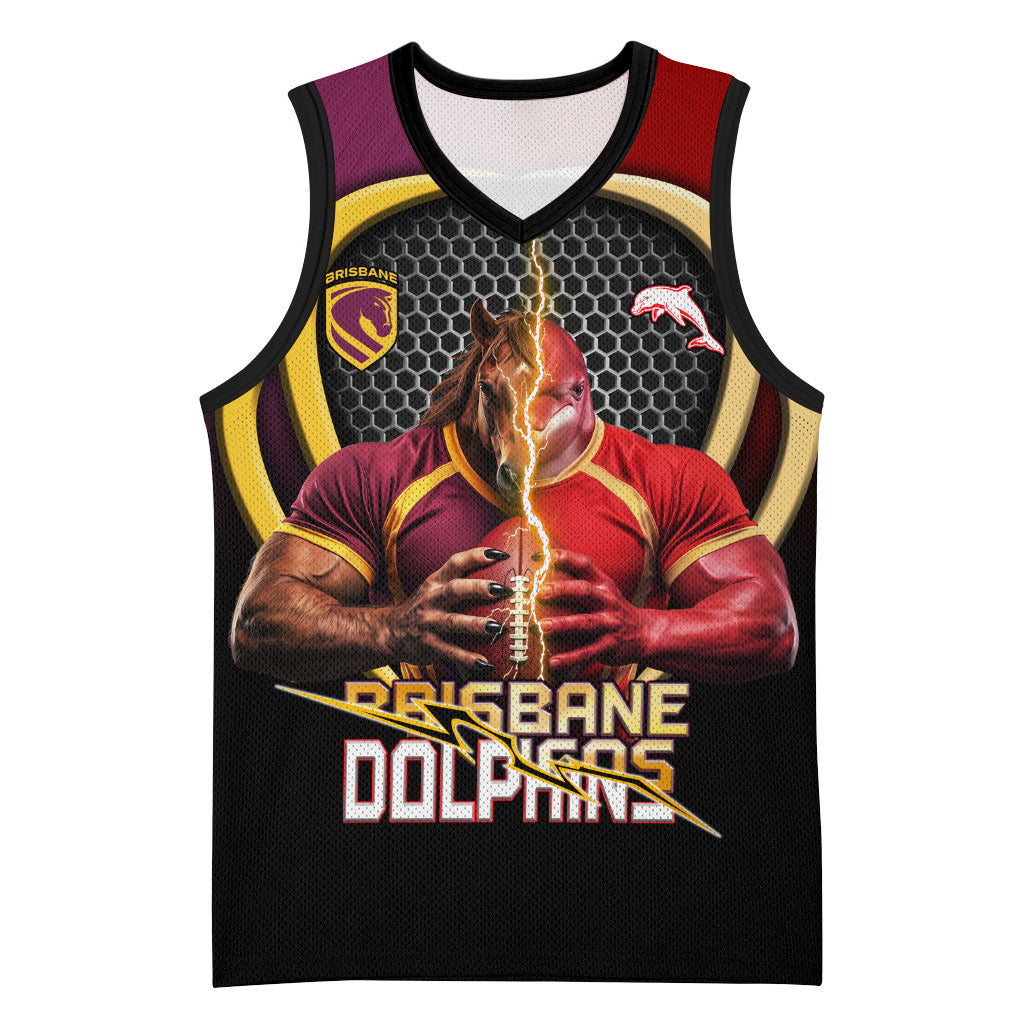 Personalized Brisbane Broncos vs Dolphins Fusion Basketball Jersey Hybrid Mascot Lightning Graphic With Hexagon Honeycomb