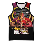 Personalized Brisbane Broncos vs Dolphins Fusion Basketball Jersey Hybrid Mascot Lightning Graphic With Hexagon Honeycomb